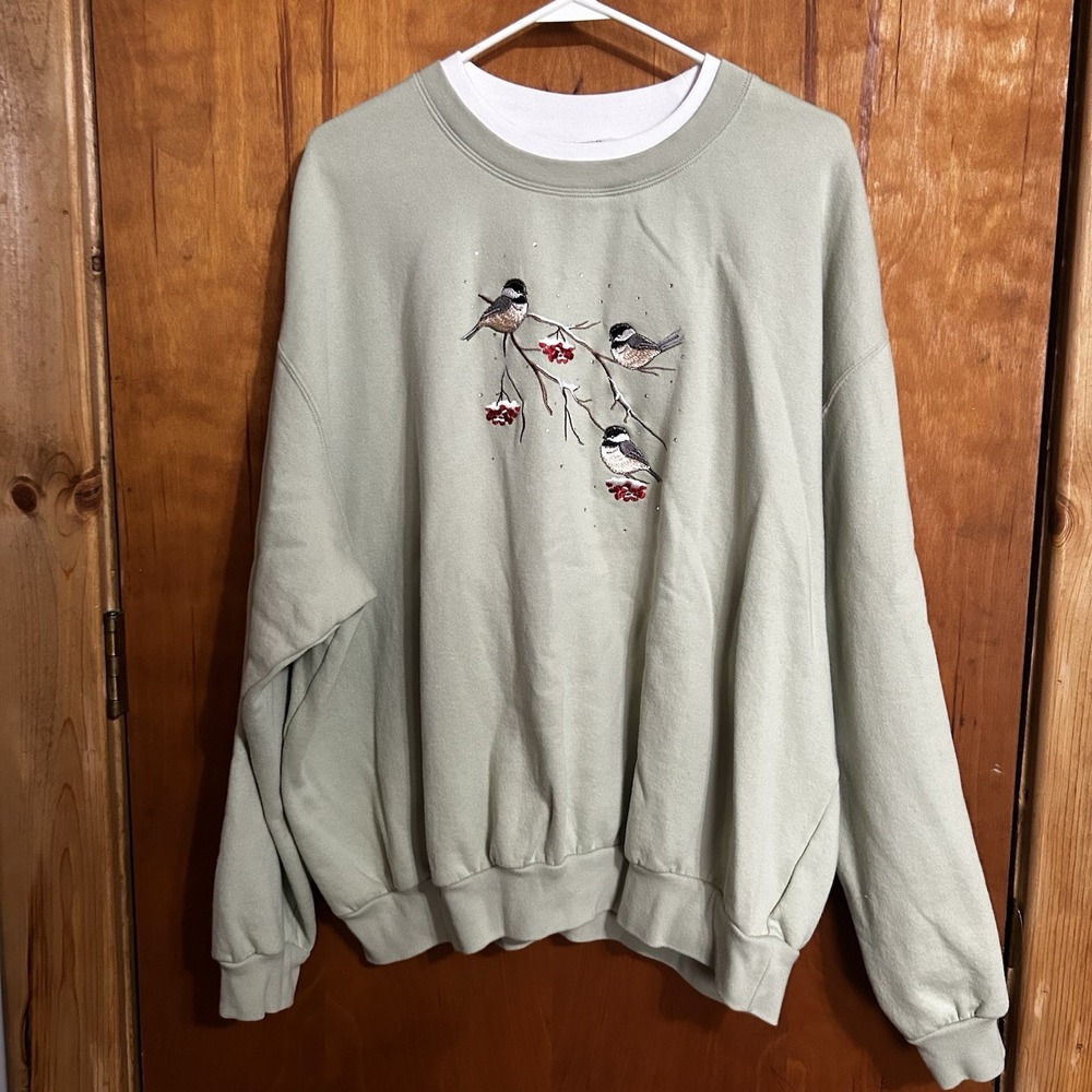 Vintage Top Stitch Women's XXL by Morning Sun Sweatshirt Sage Birds Granny Chic